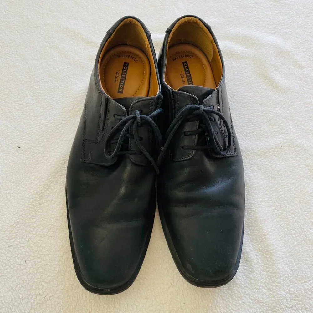 Clarks Shoe Mens 8.5 Oxford Black Leather Lace Up‎ Waterproof Conwell Plain